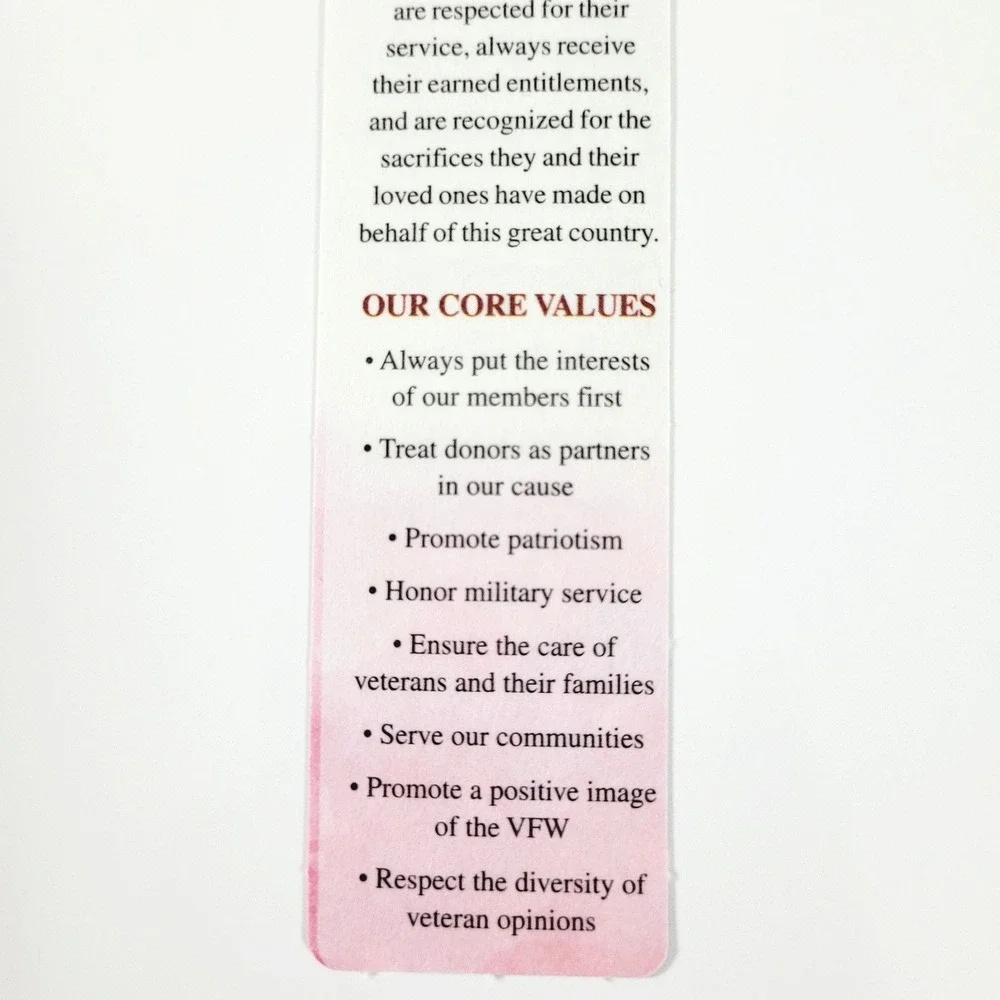 2015 America My Country Bookmark VFW Veterans Mission Vision Values- promotional